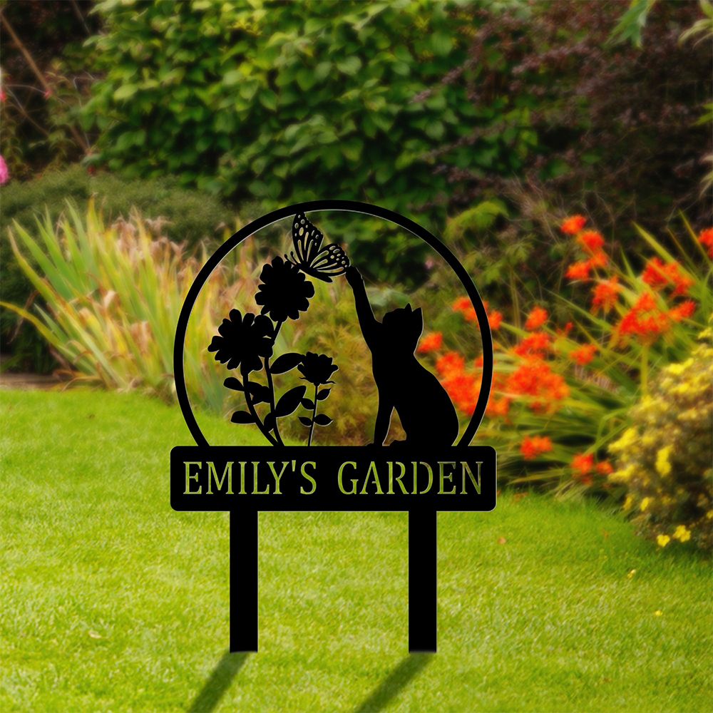 Custom Cat with Butterfly Metal Yard Art Garden Stake Sign