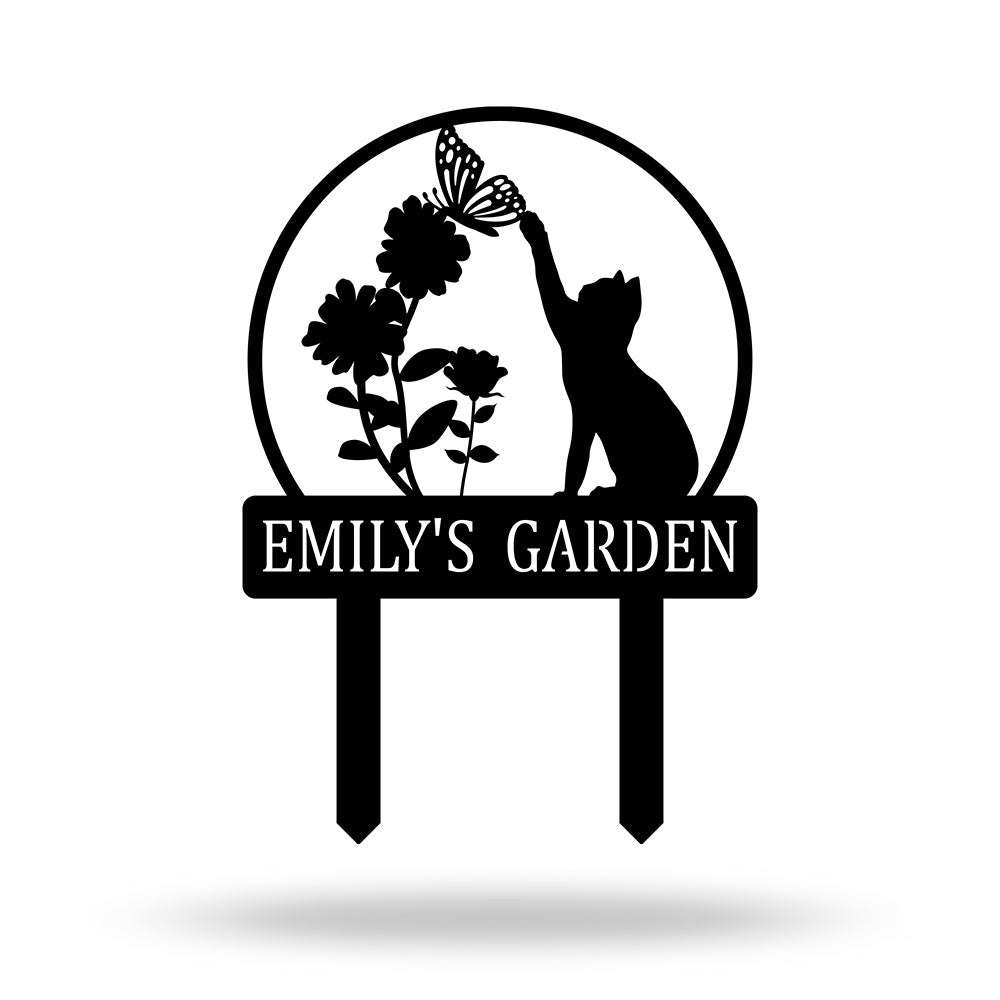 Custom Cat with Butterfly Metal Yard Art Garden Stake Sign