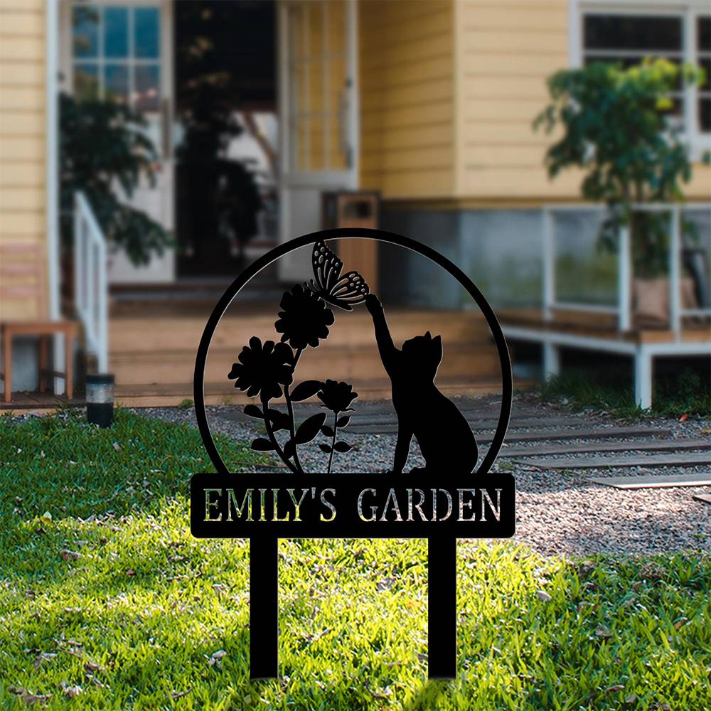 Custom Cat with Butterfly Metal Yard Art Garden Stake Sign