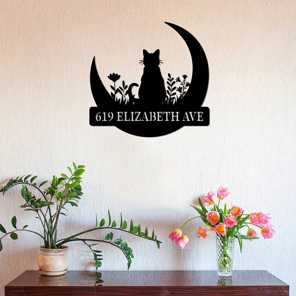 Custom Cat On The Moon Metal Sign House Numbers