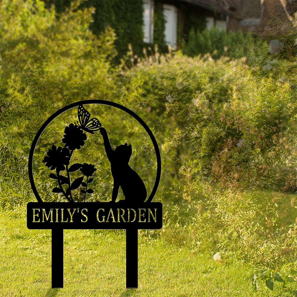 Custom Cat with Butterfly Metal Yard Art Garden Stake Sign