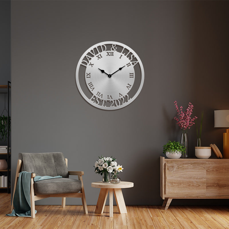 Custom Roman Numeral Family Name Metal Wall Clock