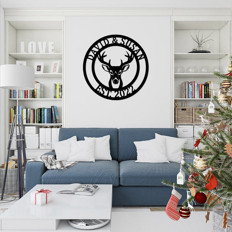 Custom Round Deer Head Name Metal Sign Antler Decor