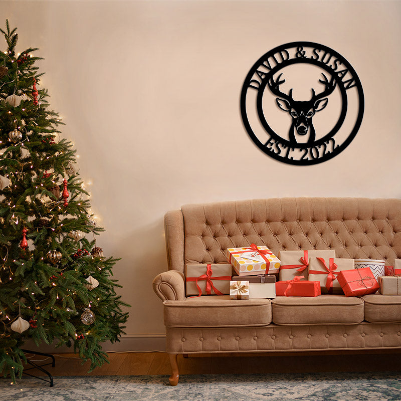 Custom Round Deer Head Name Metal Sign Antler Decor