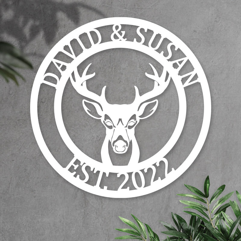 Custom Round Deer Head Name Metal Sign Antler Decor