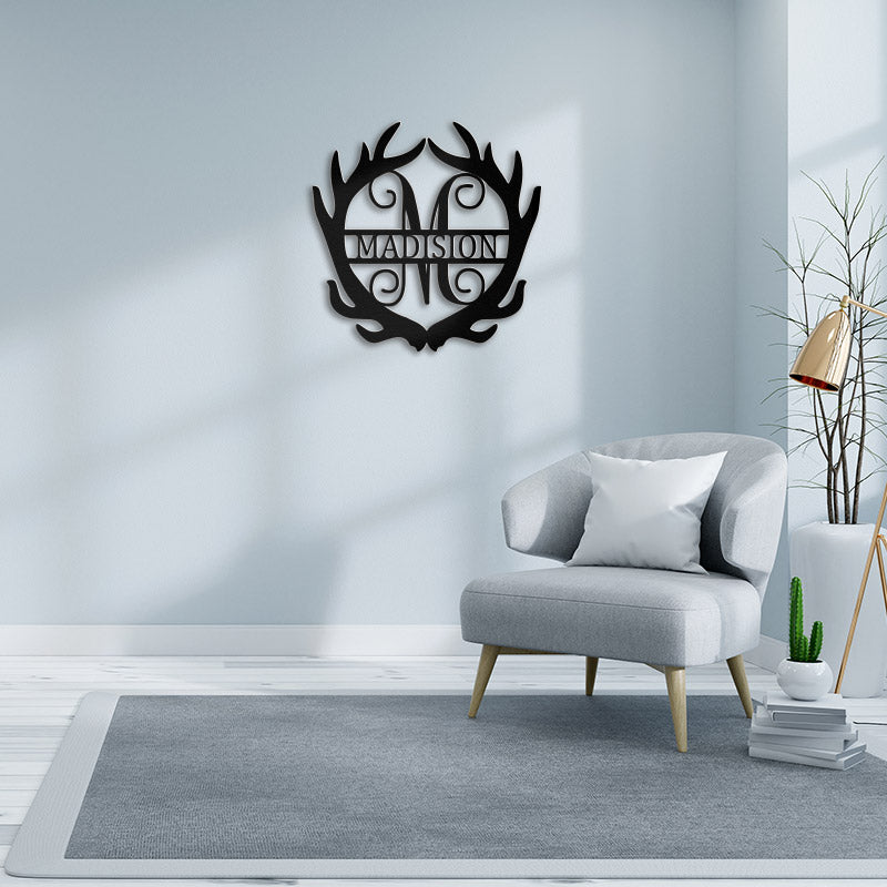 Custom Deer Antler Monogram Name Metal Sign For Living Room Decor