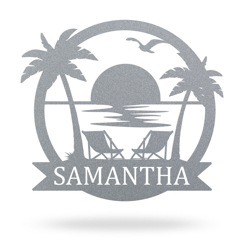 Custom Sunset Beach Palm Tree Metal Sign for Ocean Lovers