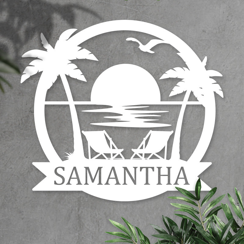 Custom Sunset Beach Palm Tree Metal Sign for Ocean Lovers