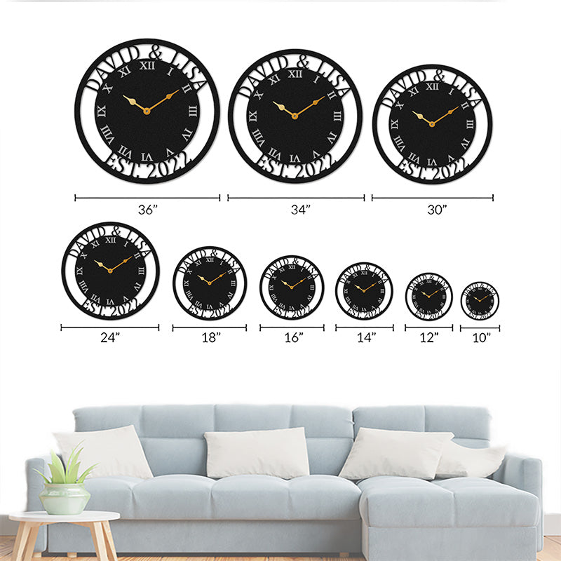 Custom Roman Numeral Family Name Metal Wall Clock